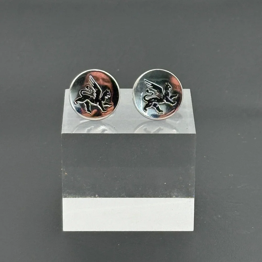 Silver Tone Griffin Winged Lion Round Cufflinks Heraldic Mythological Mens